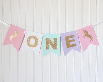 Gold, Pink, White, Mint, Purple ONE High Chair Unicorn Happy Birthday Banner/ Girl Birthday/ Princess Party/ Party Decorations/1st birthday