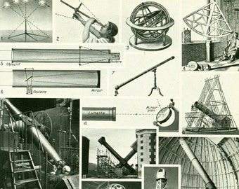 1948 Astronomy Telescope Instruments French Vintage Encyclopedia Larousse Original Framing