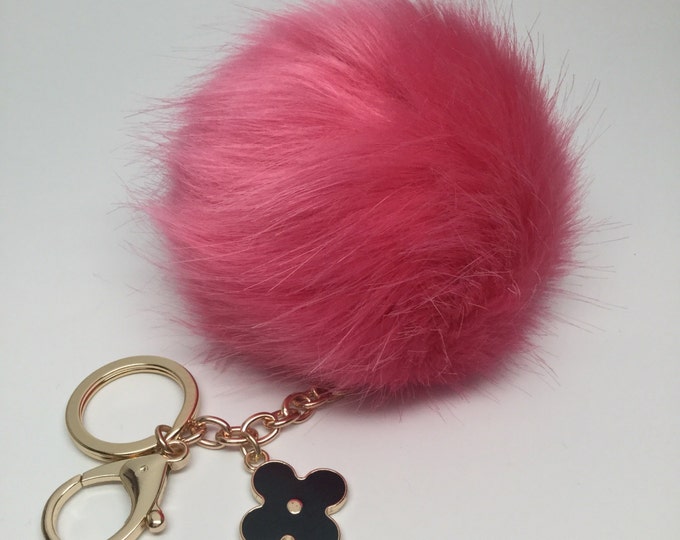 Beautiful Pink Faux Rabbit Fur Pom Pom bag Keyring keychain fake ball puff