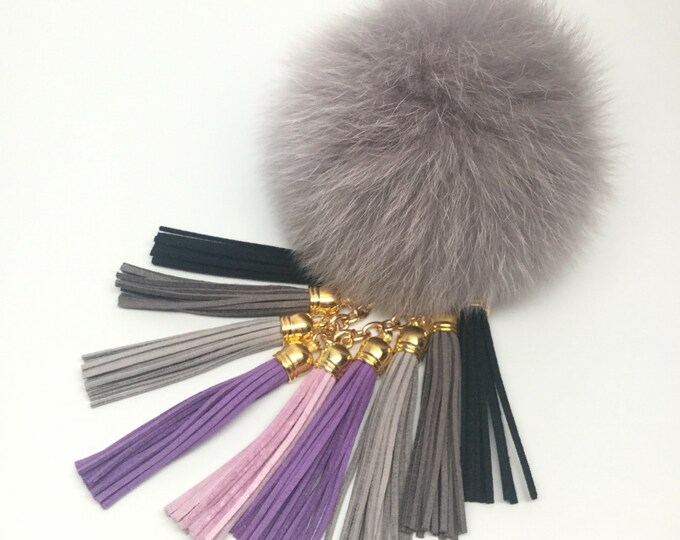 Fox Fur Pom Pom "Grey-Purple Twist" charm ball pompon bag charm tassel keychain with tassel elements charms