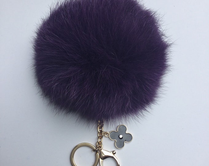 New! Deep Purple fox fur Pompon bag charm pendant Fur Pom Pom keychain keyring with flower charm