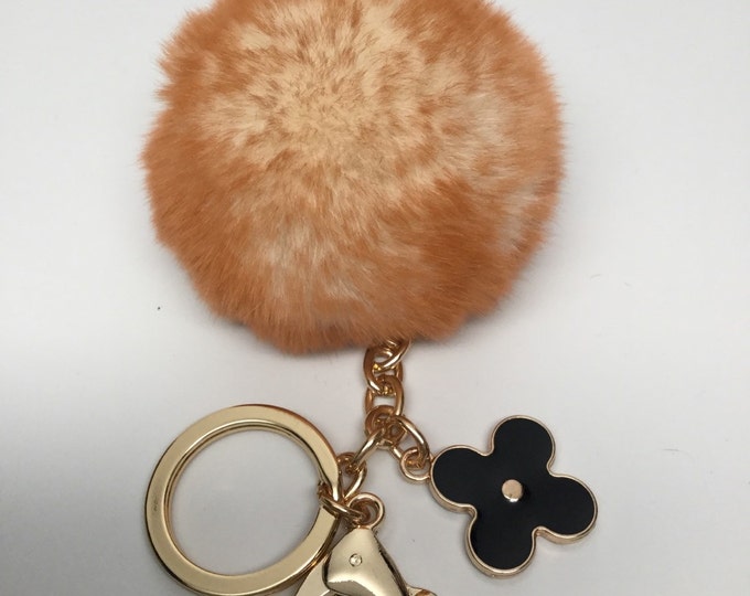 NEW Pom-Perfect Rusty Frost REX Rabbit fur pom pom ball with black flower keychain