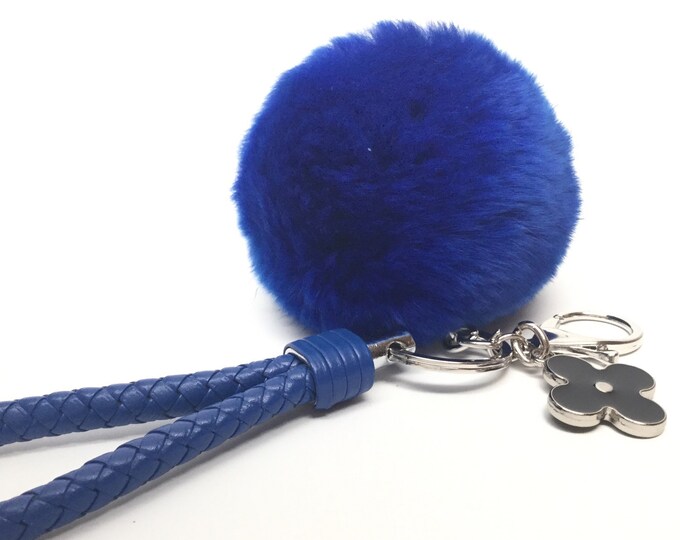 Car keychain fur pom pom puff ball bag rabbit key chain charm in Royal Blue