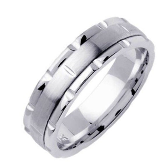 14K White Gold Brick Pattern Wedding Ring Band, For His and Her