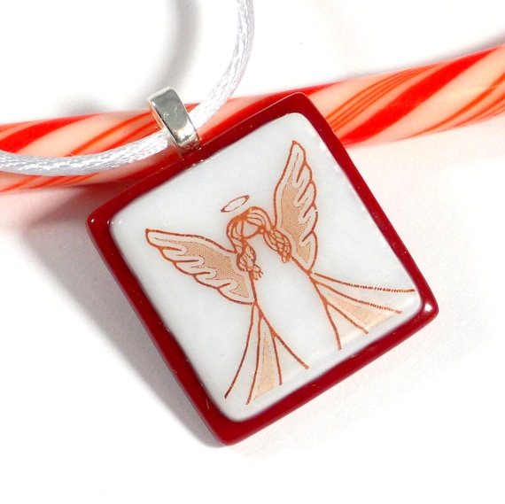 Red and White Christmas Angel Pendant, Fused Glass Necklace, 1 Inch Square