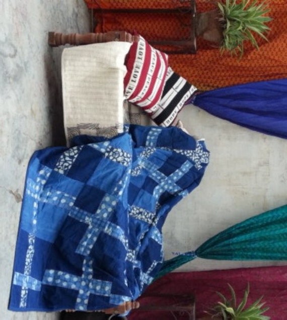 Items similar to Wonky Cross Khadi Quilt, natural Indigo, hand stitch