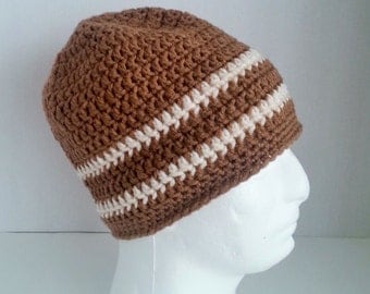 Mens Crochet Beanie, Men's Crochet Hat Two-Toned Camel Brown and Off White, Mens Crochet Winter Hat, Mens Crochet Slouch Beanie