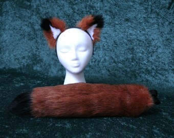 Faux Fur Fox Tail and Ears with Black Tips Set