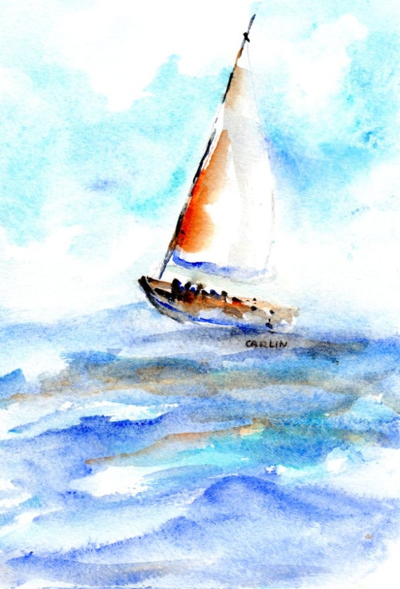 Sailboat Watercolor Painting ORIGINAL 5x7 by CarlinArtWatercolor