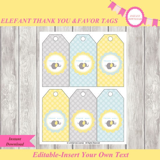 Elephant Baby Shower Thank You Tags Favor Tags Party Supplies Party Printable Favor Or Thank You Tags Baby Boy Baby Shower Instant Download Lesprintables