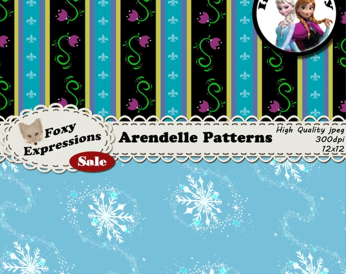 Arendelle Patterns inspired by Frozen comes with Anna and Elsa dress patterns, snow flurries, snowflake polka dots, etc. In blue and purple.