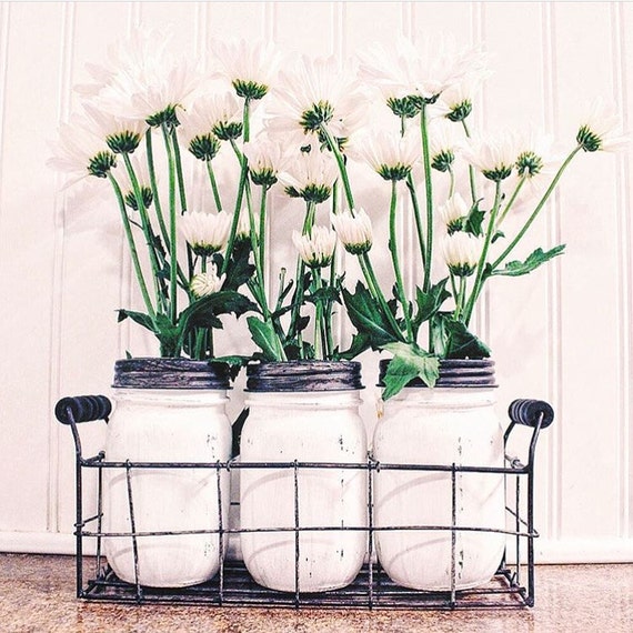 Wire Basket with Set of 3 Jars Painted & Distressed Mason