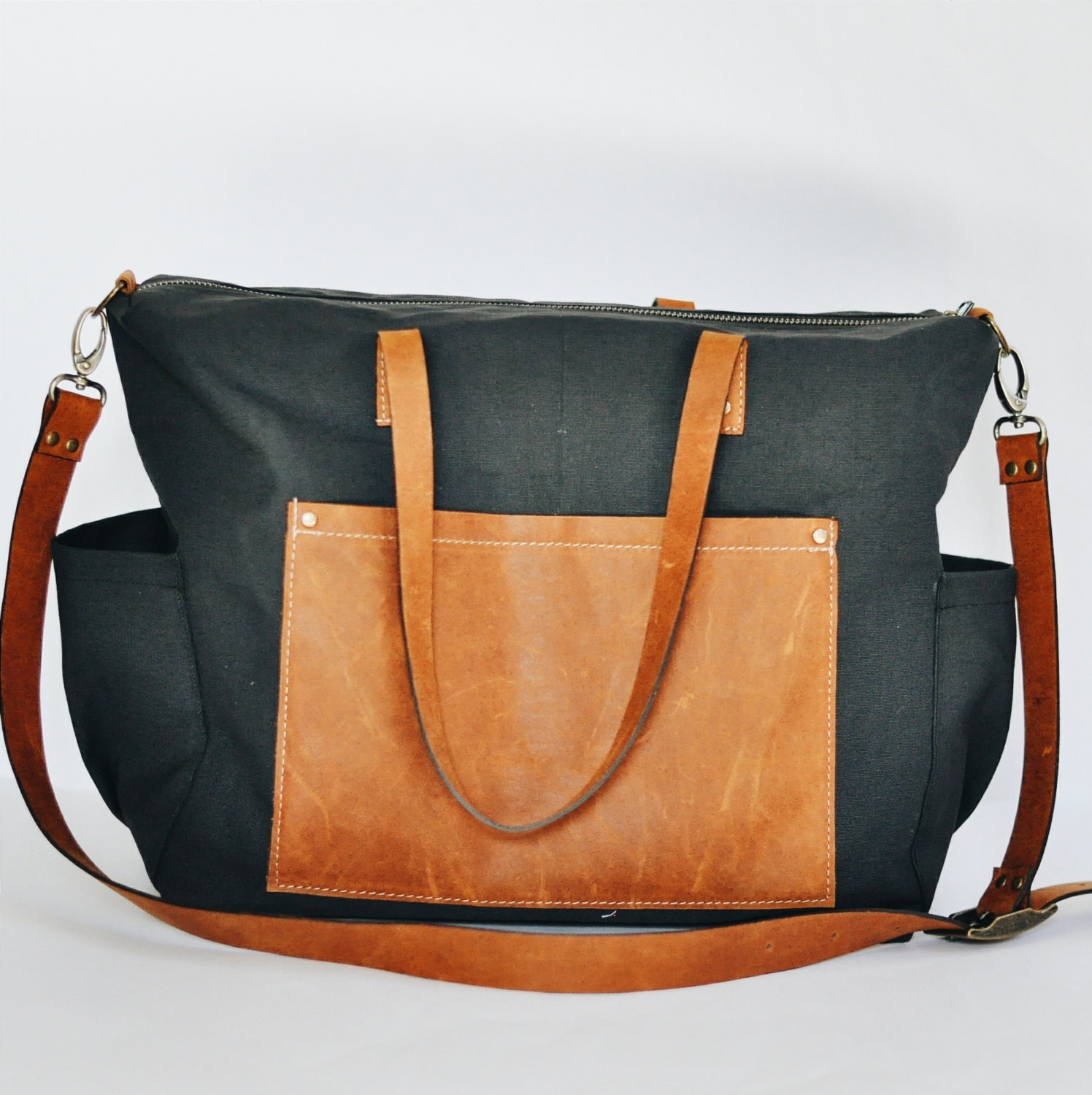 Reserved Black with Caramel Leather Diaper Bag