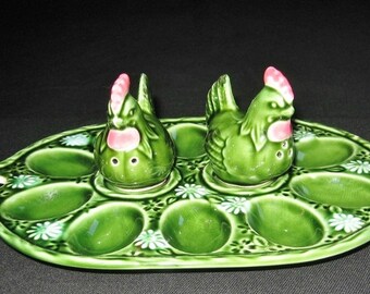 Egg platter Ceramic Table Ware, Chicken Salt and Pepper Shakers Vintage