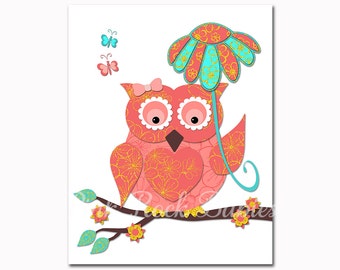 Coral gold owl nursery wall art baby girl room decor toddler artwork kids poster children decoration shower newborn gift by pink rock babies