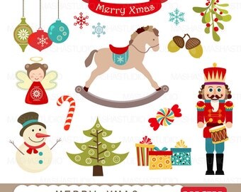 Christmas clipart: "MERRY XMAS CLIPART" with nutcracker clipart, rocking horse clipart, christmas ornaments for invitations, scrapbooking