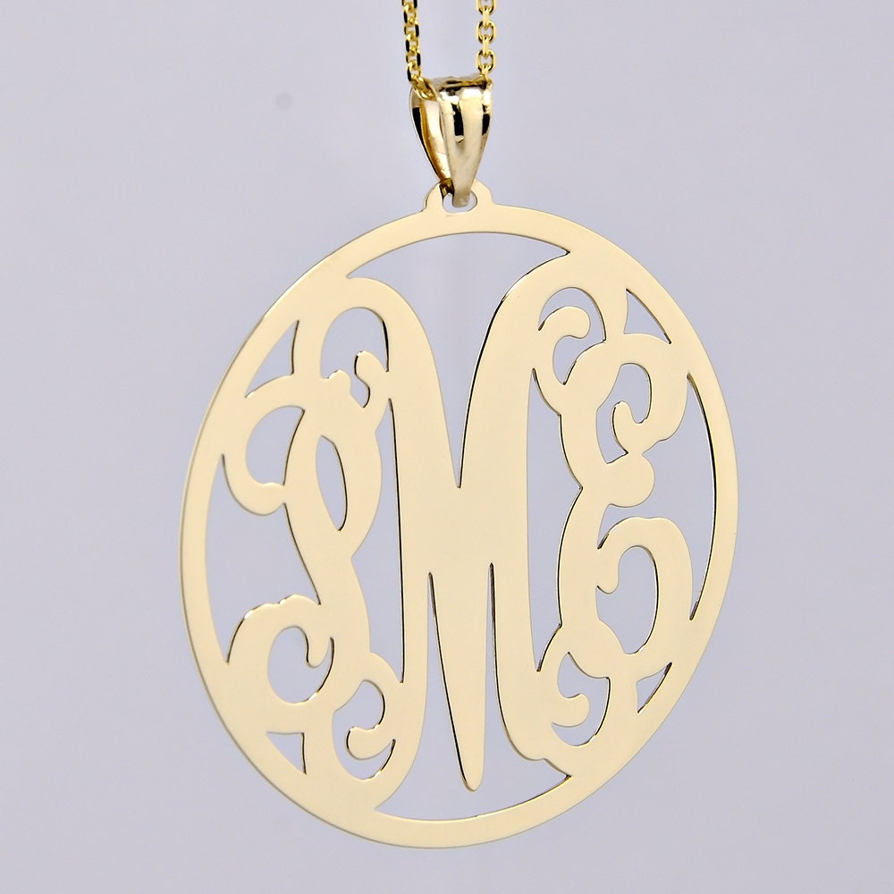10kt or 14kt Solid Gold 3 Initials Large Circle Monogram Pendant Necklace 1 1/2 Inch ...