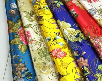 Tissu Brocart Satin Fleur Chinois - Vendu Au Mètre, Largeur <114cm, Motif Floral Vintage