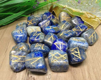 Lapis Lazuli Runes Set for reiki healing, complete with stylish pouch