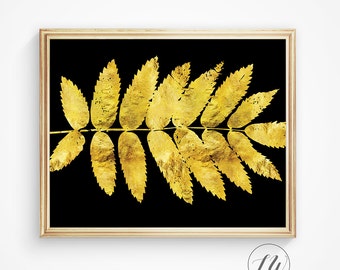 Gold foil print, gold leaf print, leaves print, black and gold, gold leaf, modern print, gold foil, digital print, gold wall prints, gold