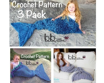 Mermaid Tail Blanket Three Pack - PATTERN ONLY - Crochet - Size: Toddler, Child & Adult
