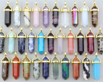 Healing Crystal Pendant. Gold Crystal Pendant. Gemstone Pendant. Stone Pendant. Crystal Point Pendant. Boho Hippie Crystal Point Pendant.