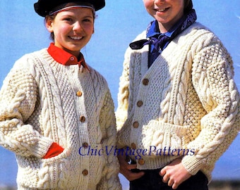 Knitted Aran Children's Cardigan ... Warm Aran Cardigan ... Round or V-Neck Collar ... PDf Knitting Pattern ... Fisherman Cable Pattern