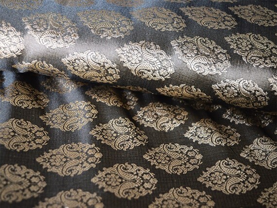 Silk Brocade Fabric in Dark Grey and Gold Motifs Pattern