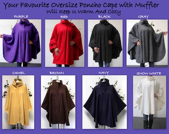 Ultimate Travelers Full Size Plus Size Poncho, Fleece Cape for Everyone. Warm, Soft, Comfortable, Stylish with Muffler. 12 colors