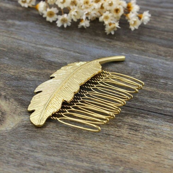 Gold Feather Hair Comb Bridal Feather Hair by LeCoquetterieBridal