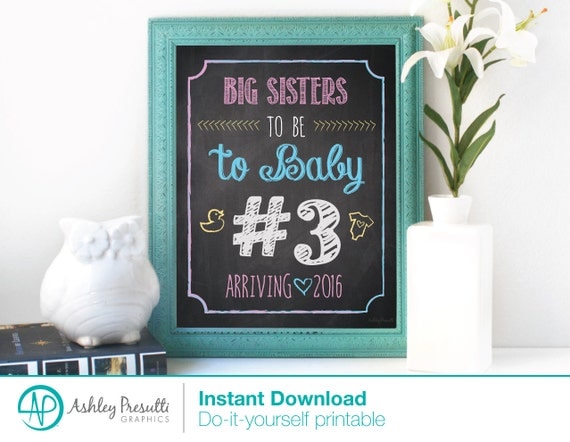 Big Sisters To Be To Baby 3 Chalkboard Baby Arrival SignNew