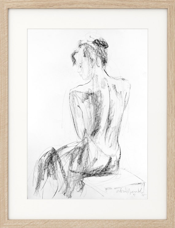 Charcoal Nude Sketch Original Drawing Nude Woman Black And
