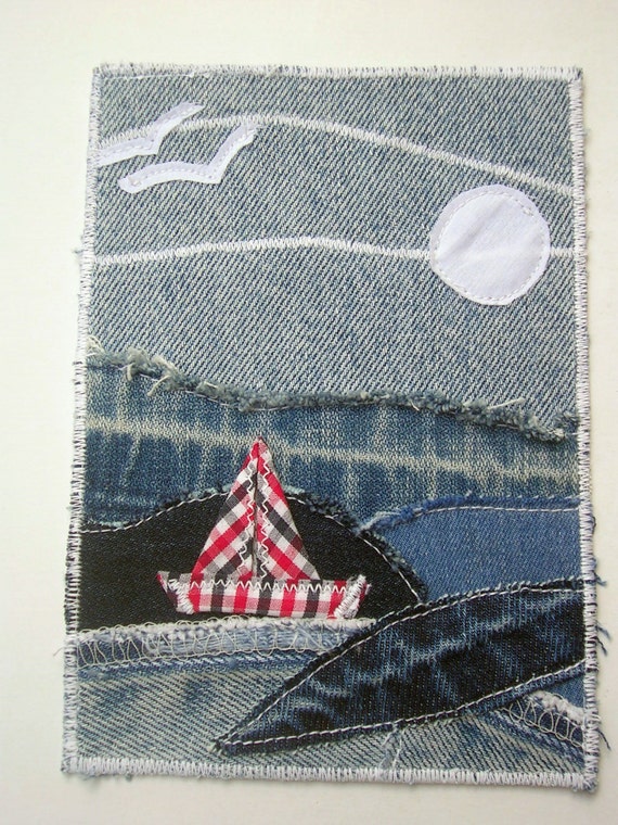 Quilted Postcard - Sailboat Postcard - Handmade Postcard - Patchwork 