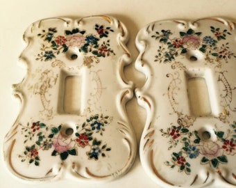 Vintage Porcelain Switch Plate Covers Shabby Chic Cottage Feminine Spring Flowers