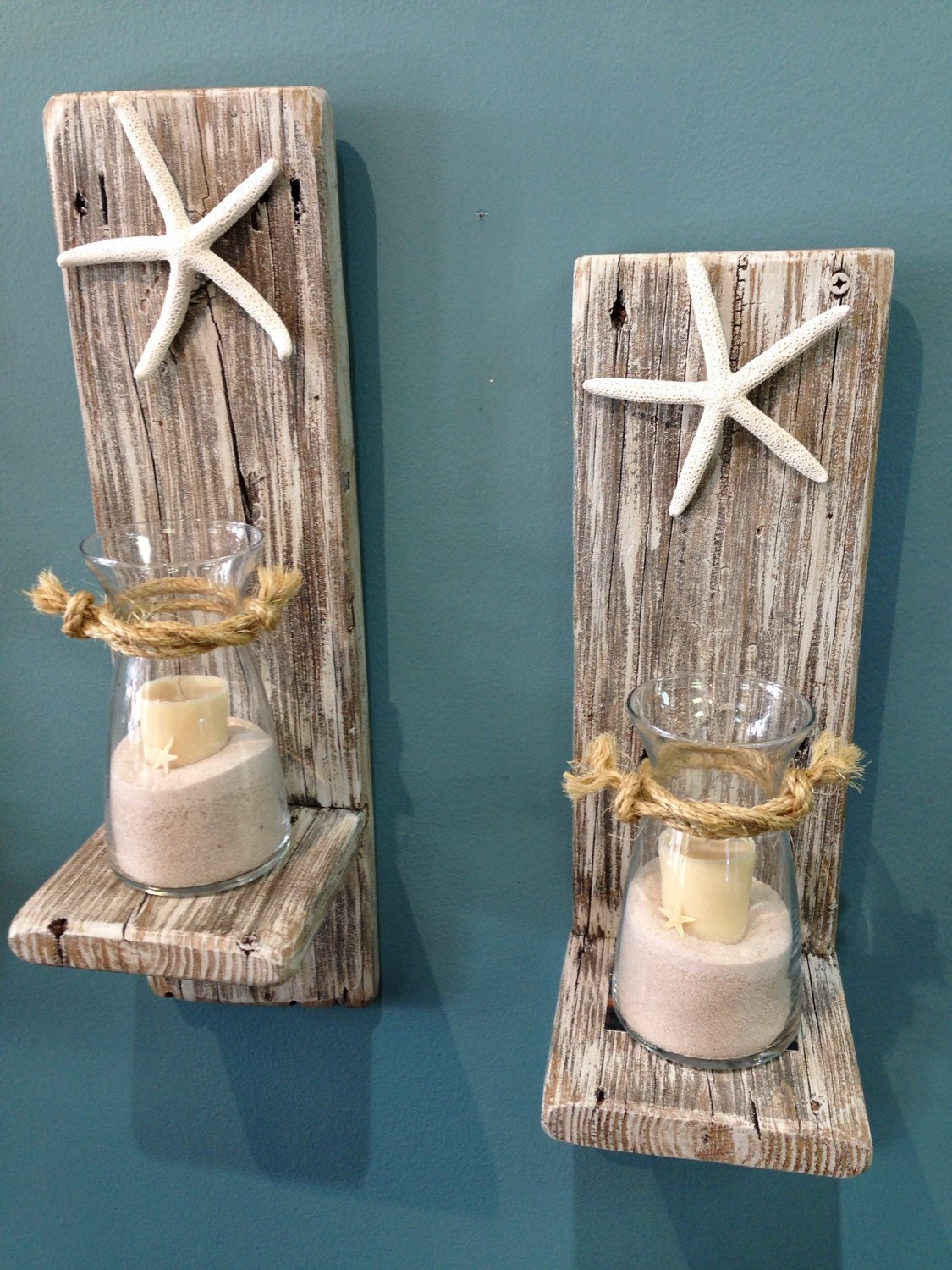 Set of 2 Reclaimed Wood Sconces  with Starfish Wall 
