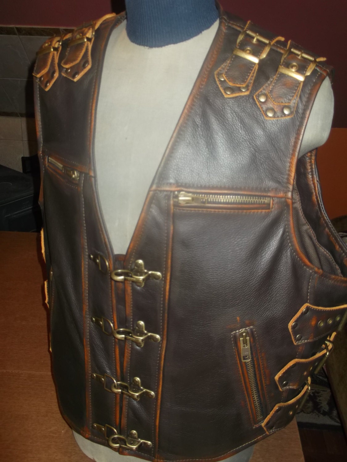 Handmade. Biker vest. Genuine leather-16mm brown.