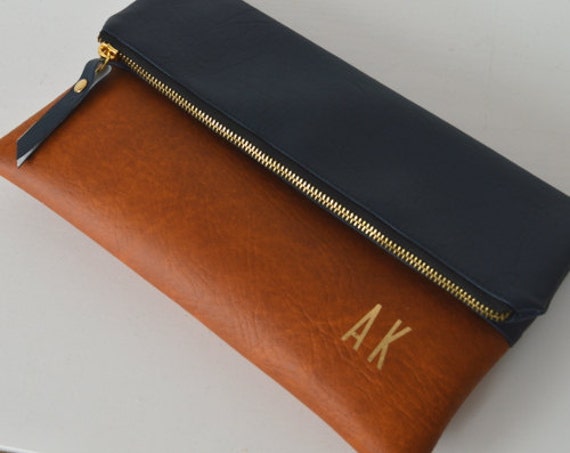 Navy and Brown Monogrammed Clutch