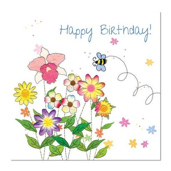 Happy Birthday Card Bee and Flowers Mixed Media Design