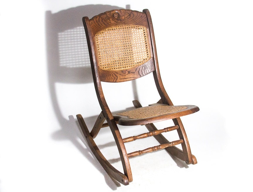 Antique Rocking Chair Hand Carved Solid Oak Folding Rocker Caned Antique Rocking Chair Hand Carved Solid Oak Folding Rocker Caned Back And Seat Rare Unique Vintage Seating Porch Sewing Nursing Rocker - Antique Rocking Chair Hand Carved Solid Oak Folding Rocker Caned