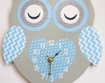 Nursery Wall Clock, Nursery Owl Clock, Hanging Owl Clock, Children's Room Wall Clock, Owl Wall Clock, Kid's Room Owl Wall Clock (grey/blue)