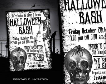 Adult Halloween Party Invitation Printable - Vintage Halloween Invitations - DIY Halloween Invites w/ Skeleton - Halloween Costume Party