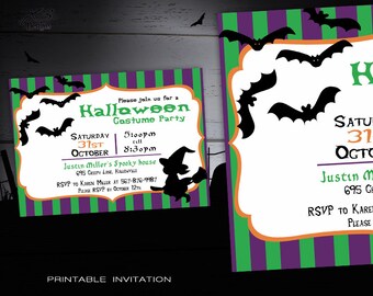Kids Halloween Party Invitation, Spooky Printable Halloween Invitations, DIY Halloween Costume Party Invites Kids, Whitch and Bats