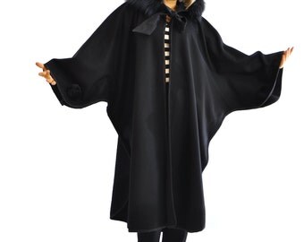 Black wool cape/Long wool Hooded coat/Winter cape/Hooded maxi cape/Fur fox hood/Maxi cape/Oversize cape/Extravagant winter Wool cloack/C1320