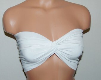 White twisted bikini top, Bandeau, Swimsuit top, Spandex Polyester bandeau, bandeau top, Sexy top, Active wear.