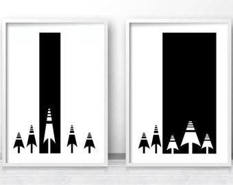 Scandinavian Prints, Modern Art Print, Set of 2 Black and White Wall Art Prints, Minimalist Art, Forest Trees Art, Black and White Decor