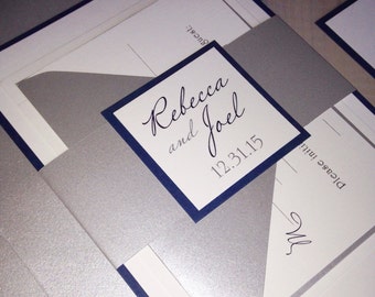 Navy and Silver Wedding Invitations, Navy Blue, White and Silver Wedding Invitations, White Linen, Navy & Silver Shimmer Wedding Invitations