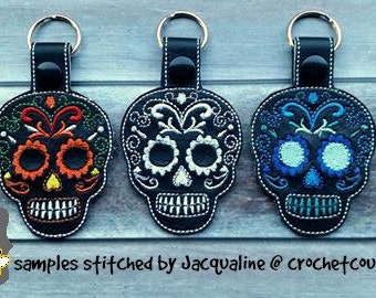 sugar skull key fob AND snap tab design for 4x4 hoop - keychain, key fob, day of the dead key ring - machine embroidery design 05 12 2017