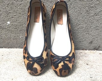 Ponyskin ballet shoes, leopard print ballet flats, ponyskin and genuine leather ballet shoes.