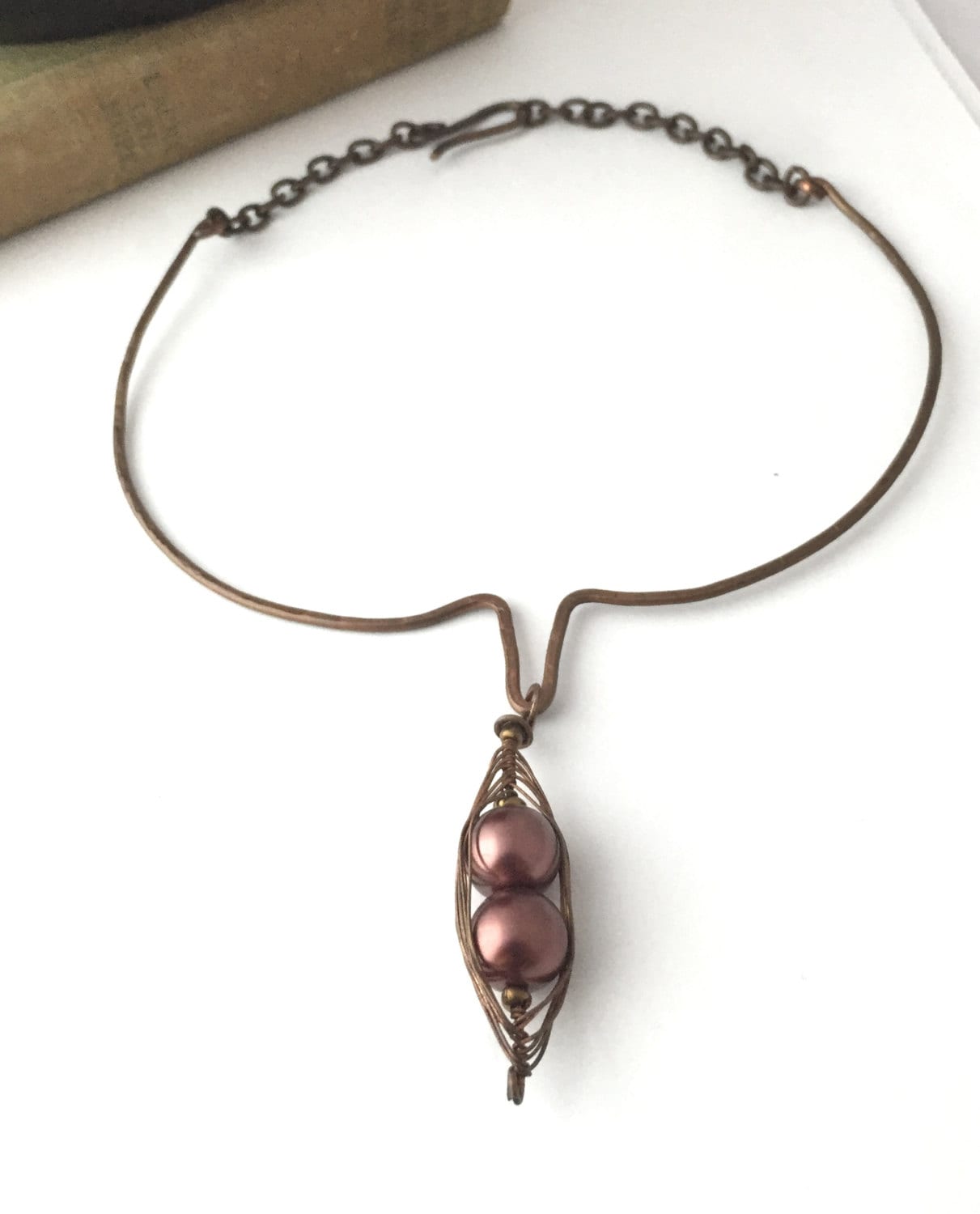 Adjustable Copper Choker Necklace With Beaded Pea Pod