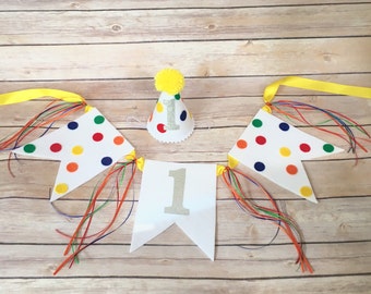 First birthday hat - 1st birthday party hat - 1st birthday hat - boys birthday hat - mini birthday hat - birthday banner - polka dot hat